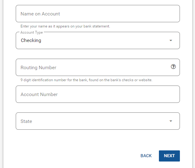 Fields for Name on Account, Account Type, Routing Number, Account Number and State